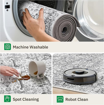 Washable 2x3 Entryway Area Rug - Small Non Slip Vintage Kitchen Runner Rugs Indoor Entrance Soft Neutral Stain Resistant Bathroom Mat Farmhouse Carpet for Bedroom Living Room Entry Laundry 2'x3' Grey