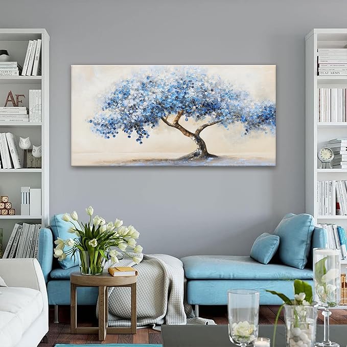 Wall Art For Living Room White Blue Tree Canvas Art Wall Decor For Home Artwork Painting 24" X 48" Canvas Print For Bedroom Decor Modern Salon Kitchen Office Hang A Picture