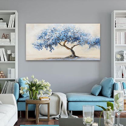 Wall Art For Living Room White Blue Tree Canvas Art Wall Decor For Home Artwork Painting 24" X 48" Canvas Print For Bedroom Decor Modern Salon Kitchen Office Hang A Picture
