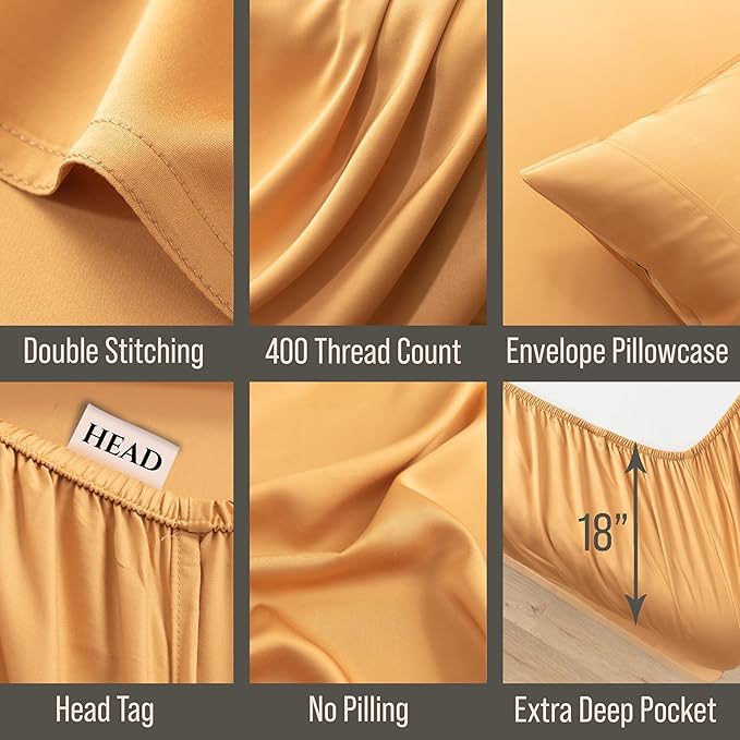 Bella Coterie Luxury Bamboo Viscose Split King Size Sheet Set | 100% Organically Grown | Ultra Soft | Cooling for Hot Sleepers | 18" Deep Pocket [Marigold]