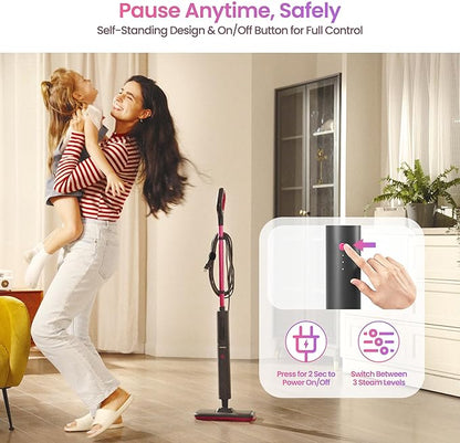 Schenley Steam Mop Cleaner Powerful - 15s Fast Heat-Up, Chemical-Free for Hardwood/Tile/Laminate & Floors/Walls, Washable Pads, 3 Modes for Carpet, Lightweight, Self-Standing, Sleek Design