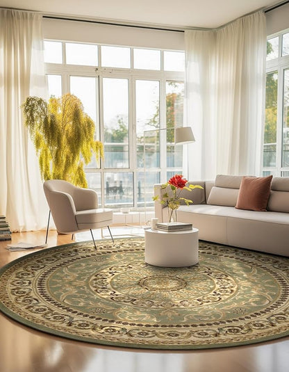 Rugs.com Chateau Collection Rug – 6 Ft Round Light Green Medium-Pile Rug Perfect for Kitchens, Dining Rooms