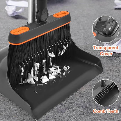 Broom with Dustpan Combo Set, 54'' Extendable Long Handle Broom, 180 Degree Rotating Brush Indoor Upright Standing Dustpan with Comb Teeth, Ideal for Home, Kitchen, Lobby, and Office