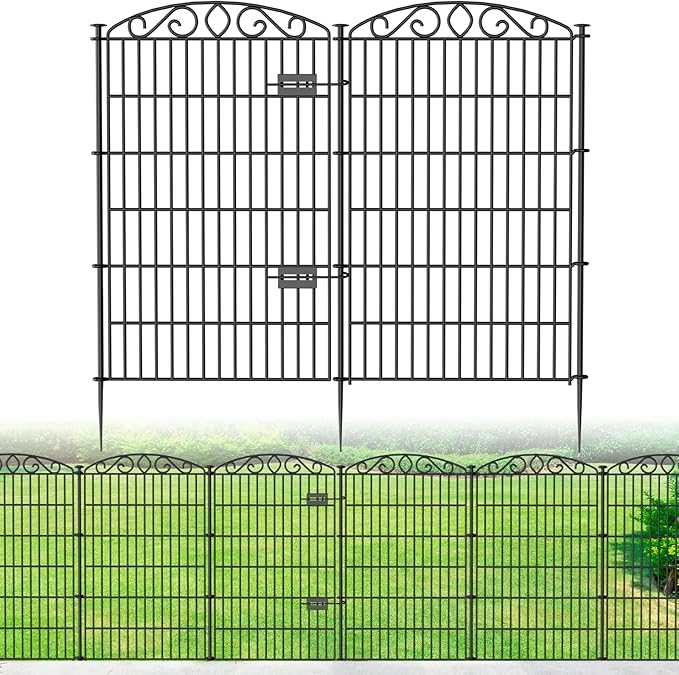 12 Panel No Dig Decorative Garden Fence with Gate - 42in H x 25.55ft L, Tall Animal Barrier for Dogs Rabbits, Rustproof Metal Wire Panels for Yard, Patio, and Outdoor Border Use