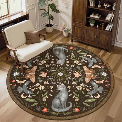 GarveeHome Round Area Rugs 5ft for Bedroom, Cat Brown Washable Circle Rug Soft Non Slip Mushroom Floral Floor Mat Carpet Indoor Thin Rug for Bedroom Dining Room Playroom Nursery Gothic Decor