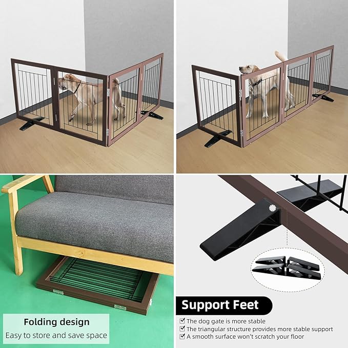 ZJSF Freestanding Dog Gate Indoor, Foldable Dog Fence for Doorways,Hallways or Stairs, Sturdy Wood Extra Wide Pet Gate with Support Feet,Brown,32 "Height-4 Panels