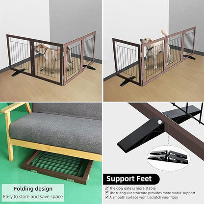 ZJSF Freestanding Dog Gate Indoor, Foldable Dog Fence for Doorways,Hallways or Stairs, Sturdy Wood Extra Wide Pet Gate with Support Feet,Brown,32 "Height-4 Panels