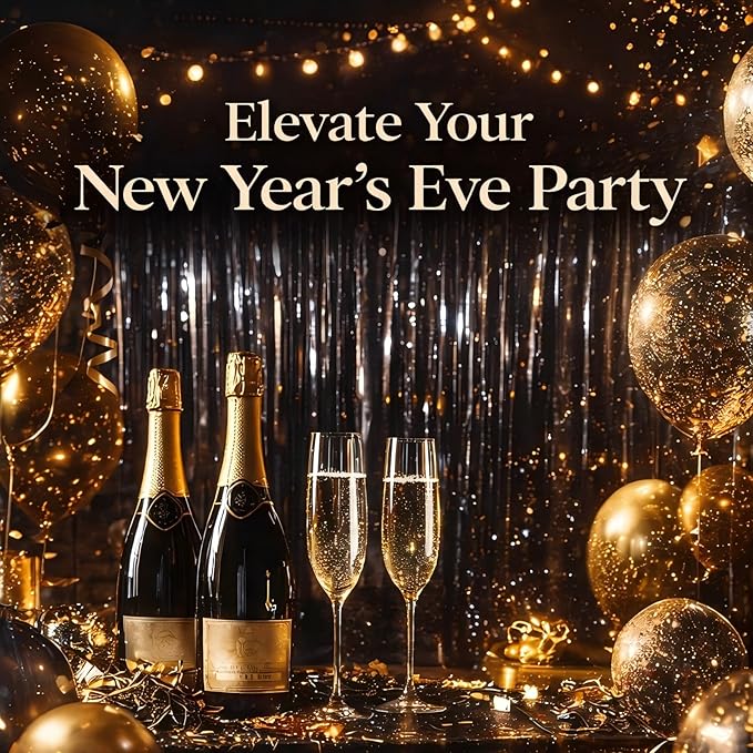 Glossy Black Foil Fringe Curtains – 3 Pack Metallic Tinsel Backdrop for New Year’s Eve & Party Decorations, 3.2 x 8.2 ft, Easy Peel & Stick, Party Photo Background