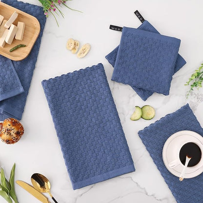 Fintale 100% Cotton Kitchen Towels and Dishcloths Set, 12 x 12 & 15 x 25 Inches, Set of 8 Bulk Super Soft and Absorbent Terry Cloth Dish Towels, Quick Drying Hand Towels with Hanging Loop, Navy Blue