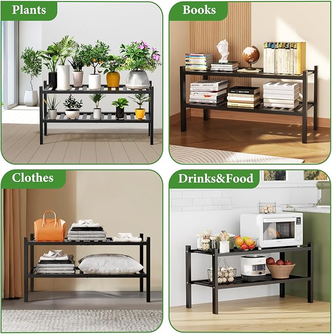 RONGJlA 2 Tier Bamboo Shoe Rack for Closet Free Standing Wood Shoe Shelf Storage Organizer for Entryway Small Space Stackable, Black