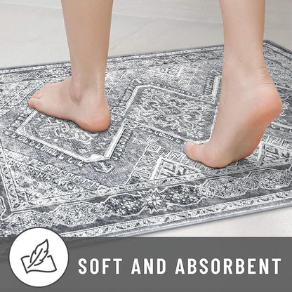KUTA Oriental Medallion Kitchen Runner Rug, 2x8 Vintage Grey Washable Hallway Runners Non-Slip Ultra Soft Printed Distressed Tribal Floor Carpet Rugs for Bedroom Living Room Nursery