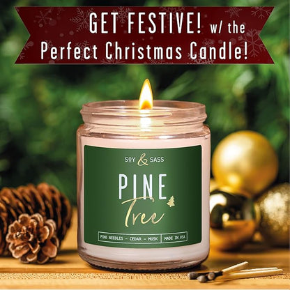 Pine Candle, Pine Scented Candles, Christmas Candles Scented - 'Pine Tree' Soy Candle, w/Fir Needles, Warm Cedar & Sandalwood - Infused with Essential Oils I 9oz, 50 Hour Burn, Handmade in USA