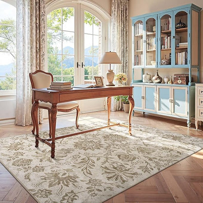 jinchan Floral 5x7 Area Rugs, Vintage-Inspired Neutral Design Accent Rug, Machine Washable Ultra-Thin Low-Pile Non-Slip Traditional Carpet for Living Room Bedroom Dining Room Home Office, Taupe