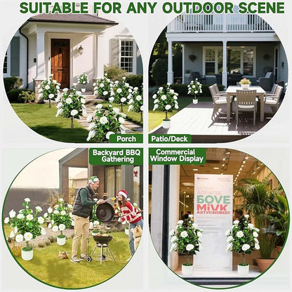 32'' Artificial Camellia Tree Outdoor Set of 2 Realistic Camellia Plant Indoor with Planters and Spikes for Wedding Front Porch Patio Office Living Room Home Decor
