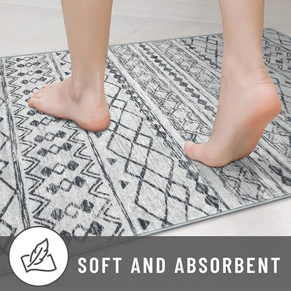 KUTA Moroccan Rugs for Entryway, 2PCS 2x3 and 2x6 Grey Entrance Small Area Rug, Non-Slip Washable Ultra Soft Hallway Runner Rug, Vintage Geometric Low-Pile Indoor Door Mat Floor Carpet