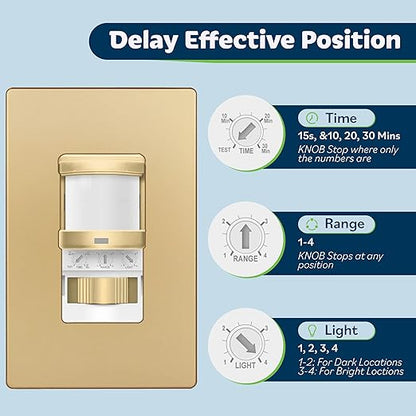 TOPGREENER in Wall PIR Motion Sensor Light Switch, Occupancy Sensor Switch, 𝐍𝐞𝐮𝐭𝐫𝐚𝐥 𝐖𝐢𝐫𝐞 𝐑𝐞𝐪𝐮𝐢𝐫𝐞𝐝, On/Off Override, 𝐒𝐢𝐧𝐠𝐥𝐞 𝐏𝐨𝐥𝐞, 4A, 500W, TSOS5-GDSWP,Gold,2 Pack
