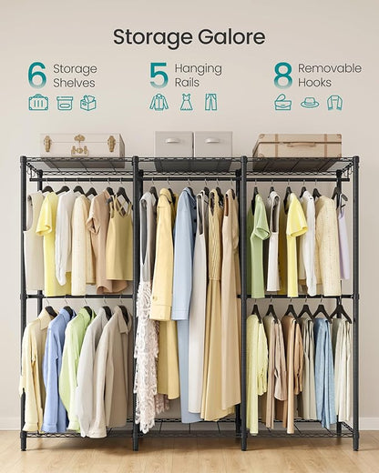 SONGMICS Clothing Rack, Heavy-Duty Garment Rack with Adjustable Storage Shelves and Hanging Rails, Hooks, Freestanding Portable Wardrobe Closet Rack, Ink Black ULGR436B01