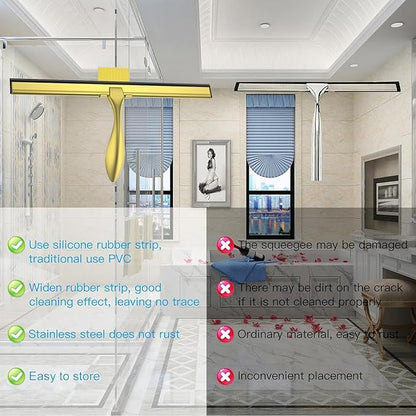 peafowl 14 inch Shower Squeegee Stainless Steel Bath Squeegee for Shower Glass DoorsBathroom Windows Kitchen Mirror and Car Glass with Hooks Holder (14 inch, Gold)