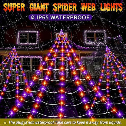 Halloween Giant Spider Web Lights Decorations Outdoor, 16.4Ft 200 LED Lighted Spider Web Light up with 8 Modes for Yard House Decor