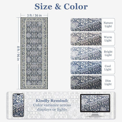 Dark Blue 3x8 Hallway Runner Rug, Kitchen Runners Non Skid Washable 8 ft, Washable Non Slip Ultra Thin Carpet Runner for Entryway Corridor Mudroom Bathroom, Transitional Moroccan Floral Trellis