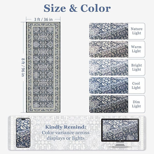 Dark Blue 3x8 Hallway Runner Rug, Kitchen Runners Non Skid Washable 8 ft, Washable Non Slip Ultra Thin Carpet Runner for Entryway Corridor Mudroom Bathroom, Transitional Moroccan Floral Trellis