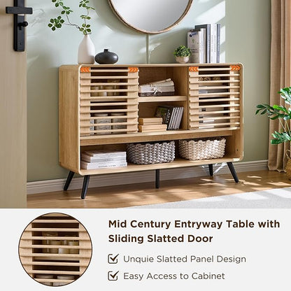 RedLemon 46" Entryway Table, Mid Century Modern Console Table with Slatted Sliding Door, Storage Shelf Wood Sofa Table Behind Couch for Hallway, Living Room, Foyer, Natural Oak