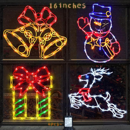 Christmas Decorations - 16" Christmas Window Silhouette Lights - 4 Pack Colour Lighted Snowman ＆ Reindeer ＆ Bell ＆ Gift Box for Holiday Indoor and Outdoor Wall Door Window Decorate