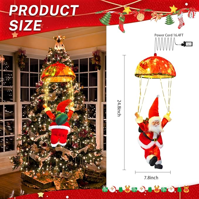 Christmas Lights Outdoor Indoor, Santa Claus Parachute LED Lights, 8 Modes & Timer Christmas Decorations Lights Outside Inside for Window, Garden, Home, Porch, Xmas Tree Decor (Warm White) ﻿