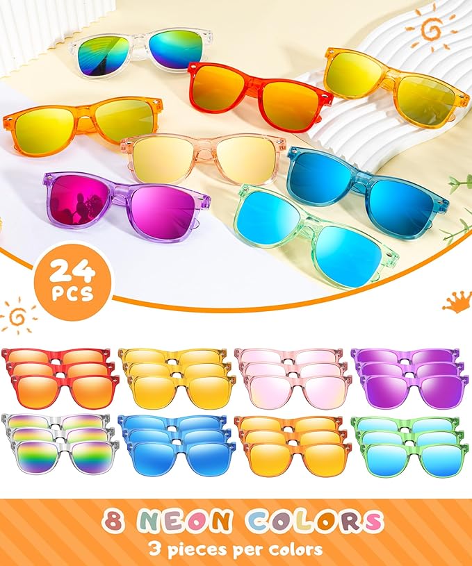 Sumsun Kids Sunglasses Bulk Party Favors, Boys Girls Sunglasses for Kids Age 3-8, UV400 Neon Glasses for Kid Pool Birthday
