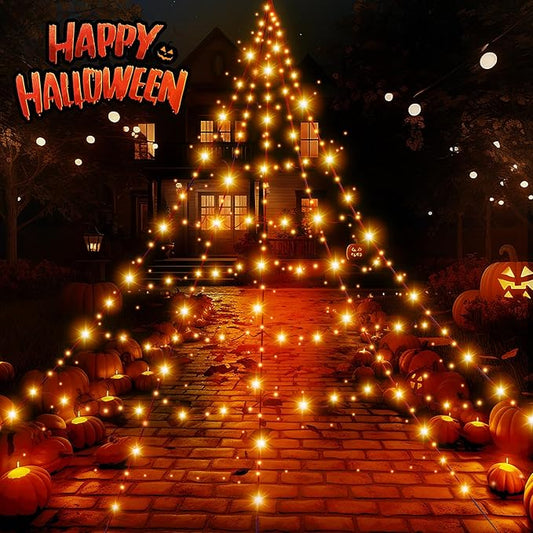 Halloween Decorations Outdoor Giant Spider Web Lights,23ft x 18ft Black Spider Web with 500 LEDs Purple,Waterproof for Halloween Yard Decorations and 8 Modes. (Black Nylon Rope and Orange LED Lights)