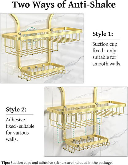 YASONIC Never Rust Shower Caddy Hanging Organizer - Aluminum Over-the-Showerhead Rack With 10 Hooks for Razor/Sponge and Soap Basket - Gold