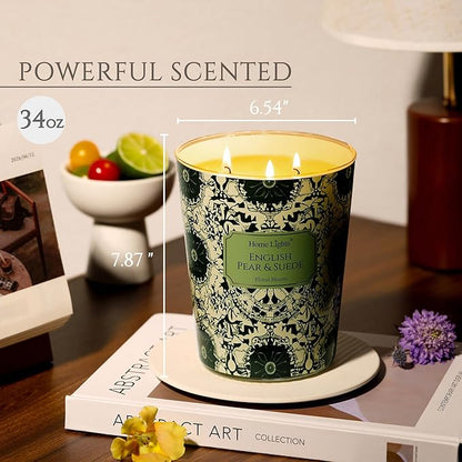 HomeLights Scented Candles | Large Jar 34 Oz Natural Soy Candle | 130 hrs Long-Lasting with 3 Wicks | Bohemian Natural for Home Decor | Gifts for Mom & Women, English Pear & Suede