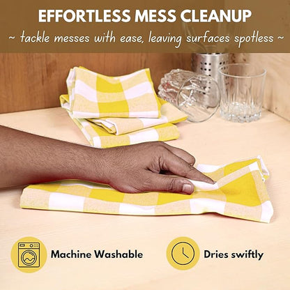 Native Fab Yellow Buffalo Dish Towel 16"x26", Set of 4 - Cotton Plaid Towels, Soft Absorbent Dishcloths with Hanging Loop, Kitchen Towels for Quick Drying - Yellow White