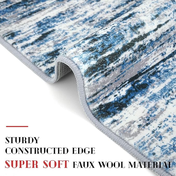 Modern Abstract 6x9 Machine Washable Living Room Rug Non-Slip Soft Bedroom Area Rug Grey Blue White Thin Print Faux Wool Floor Carpet Throw Rugs for Nursery Playroom Dining Room Indoor