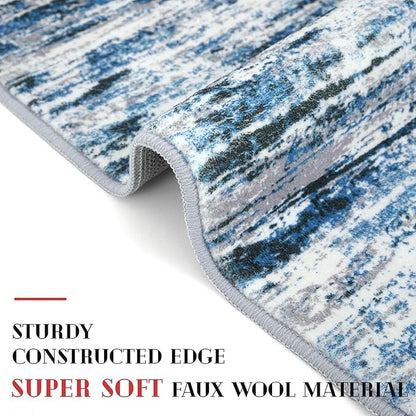 Modern Abstract Runner Rug 2.6x8, Grey Blue White Washable Kitchen Runner Non-Slip Soft Hallway Rug Runner Thin Print Faux Wool Carpet for Entryway Bedroom Laundry Room Indoor Home Decor