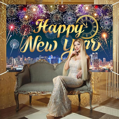Gold Happy New Year Banner 2026 Colorful Fireworks Happy New Year Decorations Backdrop with Clock City Scene for 2026 Backdrop Family Gathering Party Supplies 5.9×3.6 Ft (Polyester)
