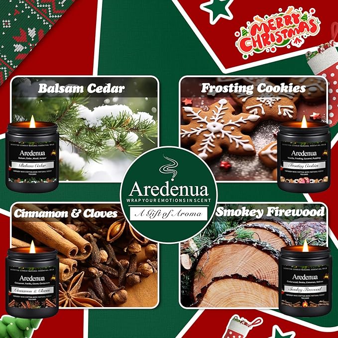 Winter Candles Set | 4 Pack Holiday Scented Candles - Cozy Winter Soy Candle Scents of Balsam Cedar/Firewood/Cinnamon & Cloves/Cookies - Holiday Aromatherapy Candle Gifts for Women Men
