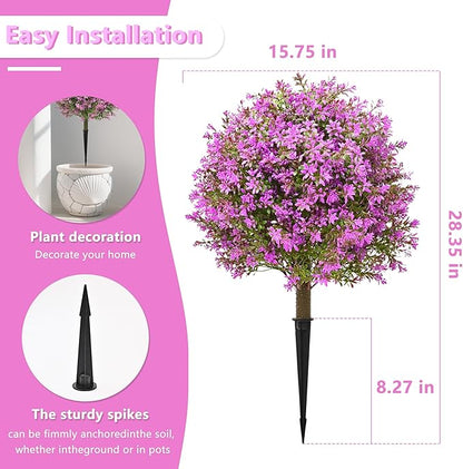 28" Artificial Boxwood Topiary Tree Purple, Set of 2 UV Resistant Fake Evergreen Shrubs Bushes with Ground Spike, Realistic Plants for Outdoor Indoor Front Porch Garden Home Decor
