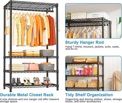 Ulif H4 Portable Closets, 4-Tier Metal Clothes Garment Rack for Bedroom and Cloakroom, Clothing Closet Storage and Organizer Wardrobe, 35.4" W x 14" D x 76.4" H, Black
