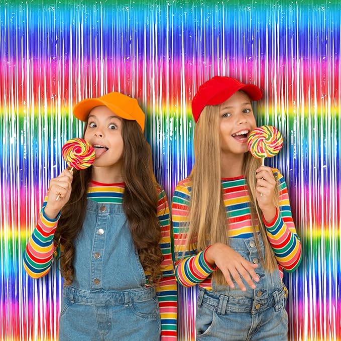 BRAVESHINE Tinsel Foil Curtains - 2 Pack Colorful Party Streamers Fringe Backdrop for Christmas/New Years/Doorway/80s/90s/Dance/Bachelorette/Engagement/Rainbows-theme/Candy/Birthdays Decorations