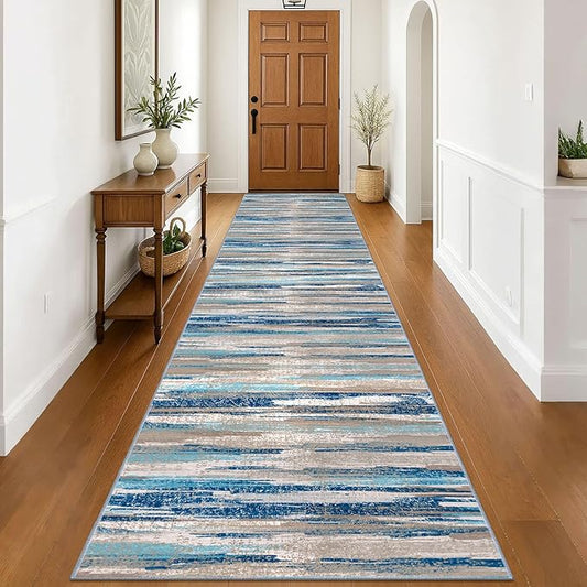 Modern Abstract Runner Rug 3x16, Blue Washable Long Kitchen Runner Non-Slip Soft Hallway Rug Runner Ultra Thin Print Faux Wool Carpet for Entryway Bedroom Laundry Room Indoor Home Decor