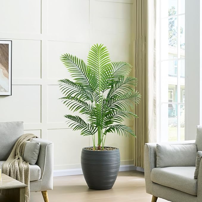 Artificial Fake Palm Tree 4FT Tropical Faux Palm Trees in Pot with 13 Trunks and Real Bark Design Areca Floor Plant Faux Palm Plant for Indoor Outdoor Home Decor