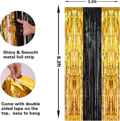 2 Pack 3.2x8.2 Feet Black and Gold Tinsel Backdrop Party Decorations, Foil Fringe Curtains Backdrop for Birthday Graduation Wedding Engagement Bridal