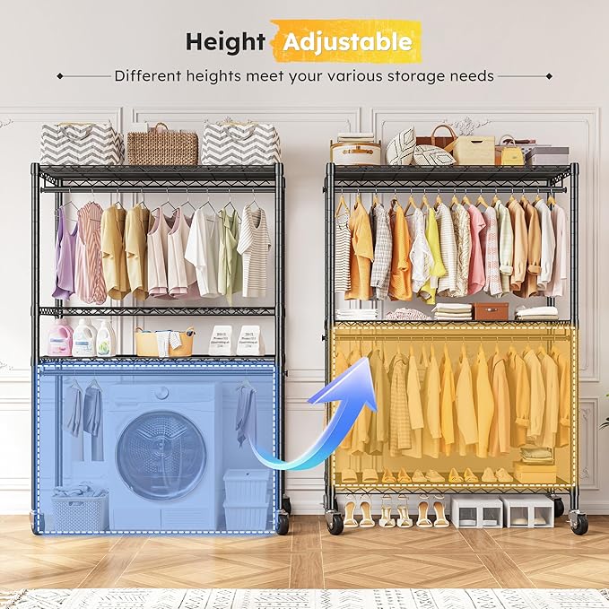 Raybee Clothes Rack, 81" H Clothing Racks for Hanging Clothes, Garment Rack with Wheels and Adjustable Feets, Max Load 440LBS, Black