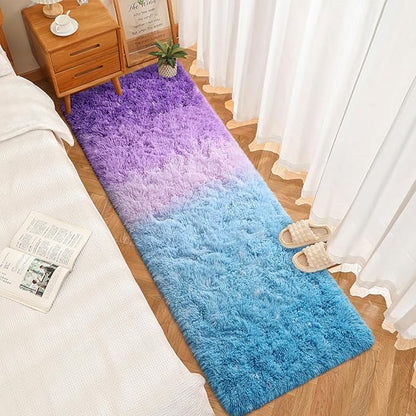 DweIke Luxury Shaggy Runner Rugs for Bedroom, 2x6 Feet Fluffy Runners Carpet for Girls Boys Kids, Non-Slip Extra Comfy Plush Bed Beside Rug for Living Room Nursery Home Decor, Purple and Blue
