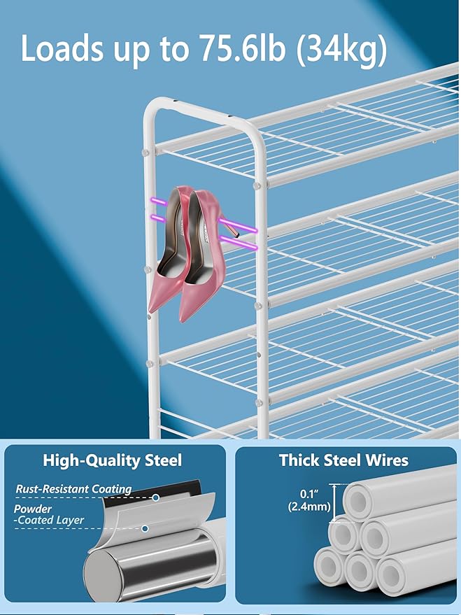 SUFAUY 5 Tier Shoe Rack 33" Wide, Shoe Storage Shelf for Entryway Garage, Heavy Duty Metal, White