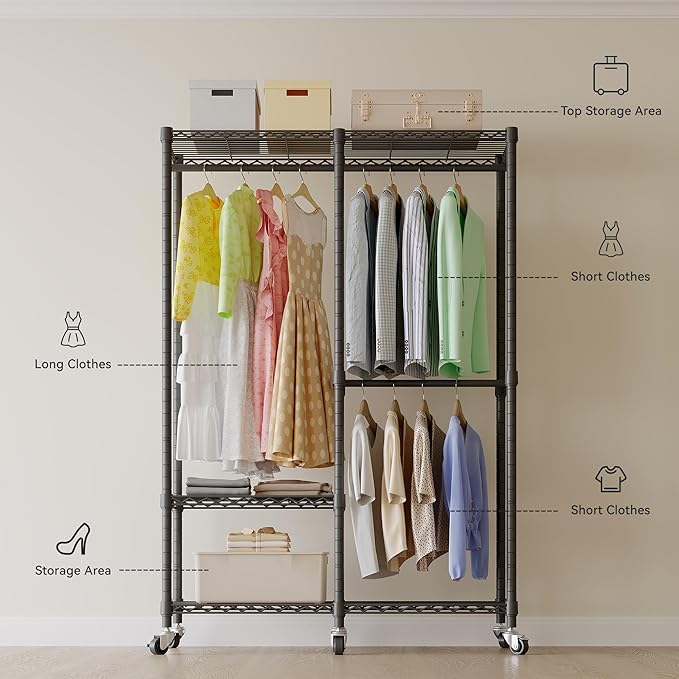 H9 Heavy Duty Rolling Clothes Rack with Cover, Covered Garment Rack with Wheels and Shelves, Wardrobe Closet, Portable Closet for Hanging Clothes, Black Clothing Rack with Grey Cover