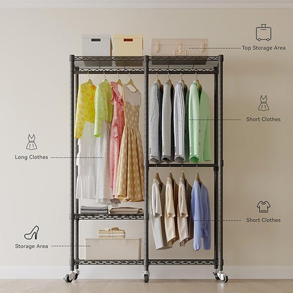 H9 Garment Rack with Cover, Heavy Duty Clothing Rack for Hanging Clothes, Portable Closet with wheels, Wardrobe Closet with Adjustable Shelves, Black Rack Shelf with Black Fabric Cover