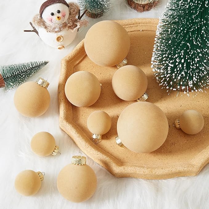 Velvet Christmas Ball Ornaments Set-46pcs Flocked Shatterproof Christmas Tree Decorations Plastic Xmas Decorative Hanging Ornaments for Xmas Holiday Home Decor,3 Sizes(Light Khaki)