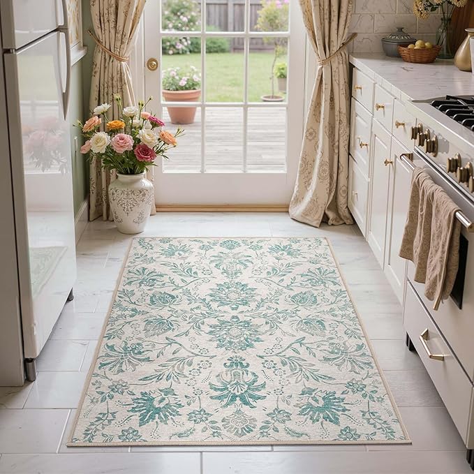 jinchan 3x5 Area Rugs for Entryway Vintage-Inspired Floral Design Machine Washable Non-Slip Low-Pile Rug Ultra-Thin Indoor Traditional Accent Carpet for Entrance Kitchen Bedroom Hallway